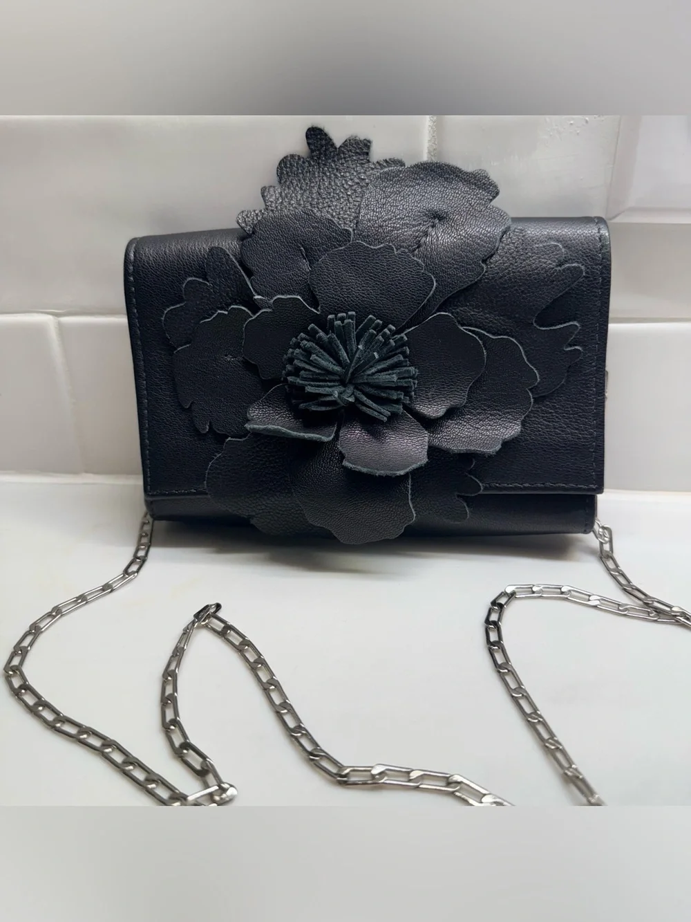 Carlos Falchi Black Floral Applique Crossbody Bag